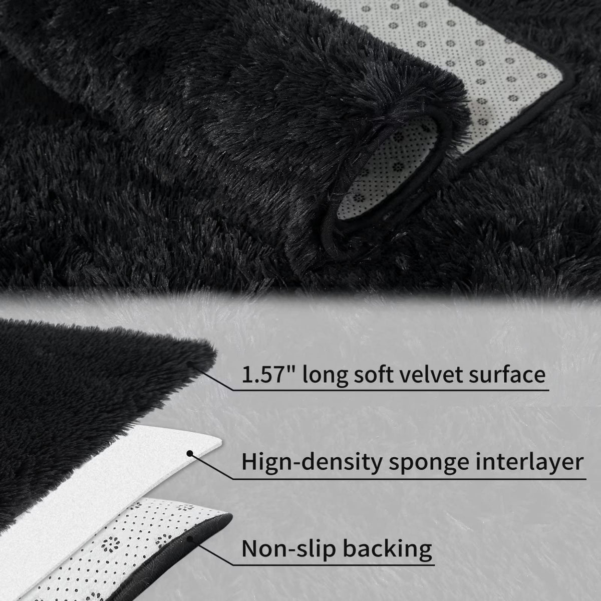 Tapis rond moelleux Garvee 100 cm (3'3,3") en velours noir doux et shaggy, antidérapant, idéal pour la chambre d'enfant, le salon ou la chambre à coucher.