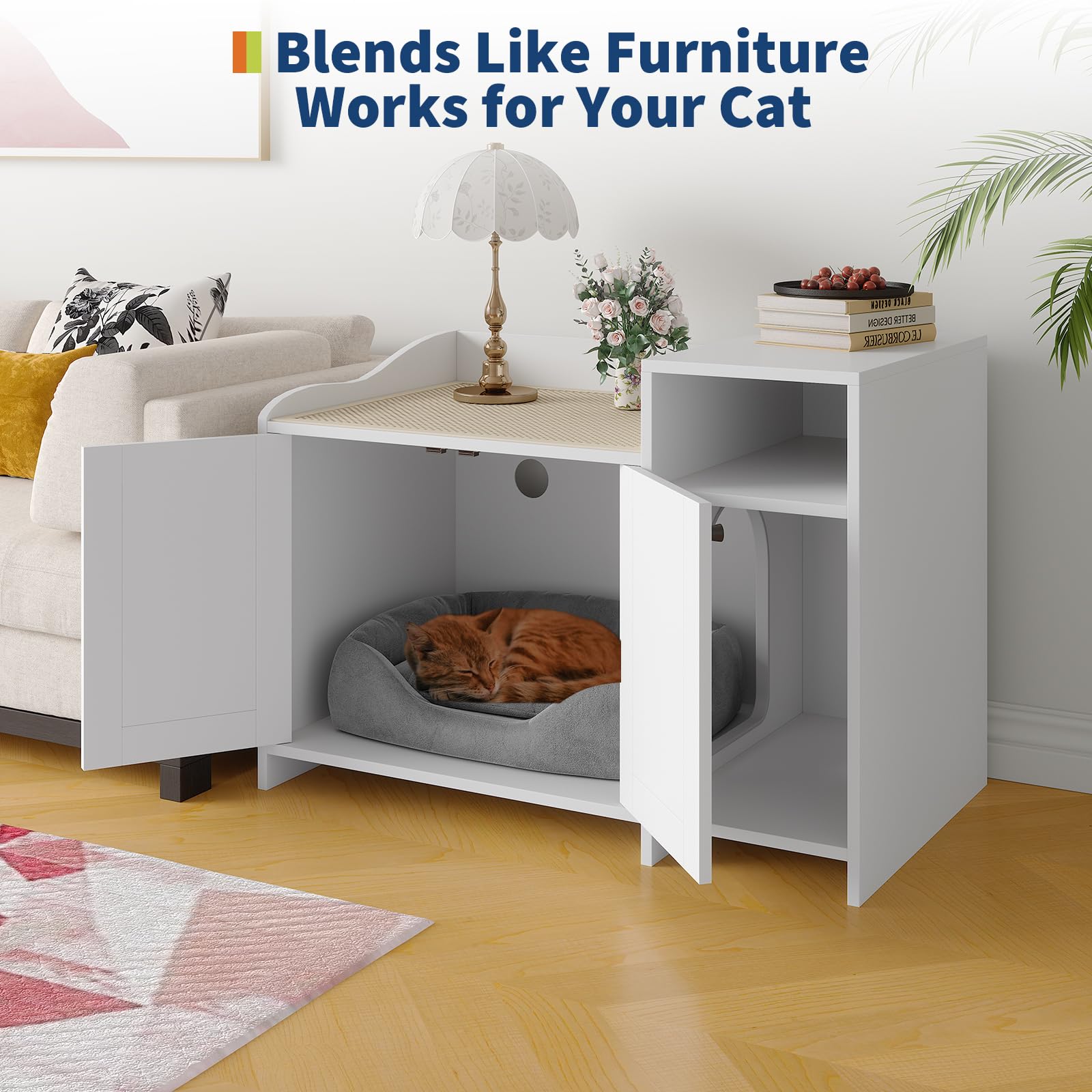 Bac à litière Garvee avec étagère de rangement et porte de grange rustique en bois blanc, idéal pour le salon et la chambre.
