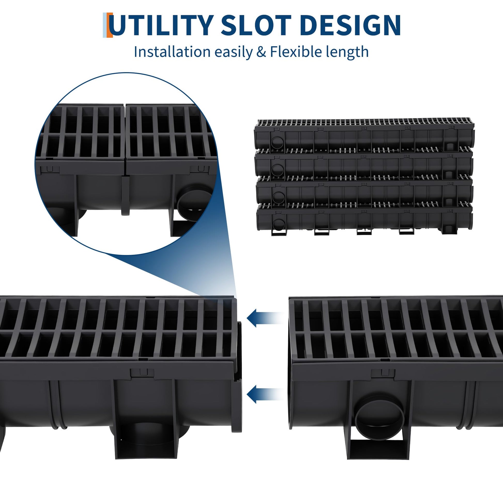Système de caniveau Garvee en plastique PEHD, capacité de charge A125, grille en plastique, ensemble de 3 pièces pour jardin et terrasse