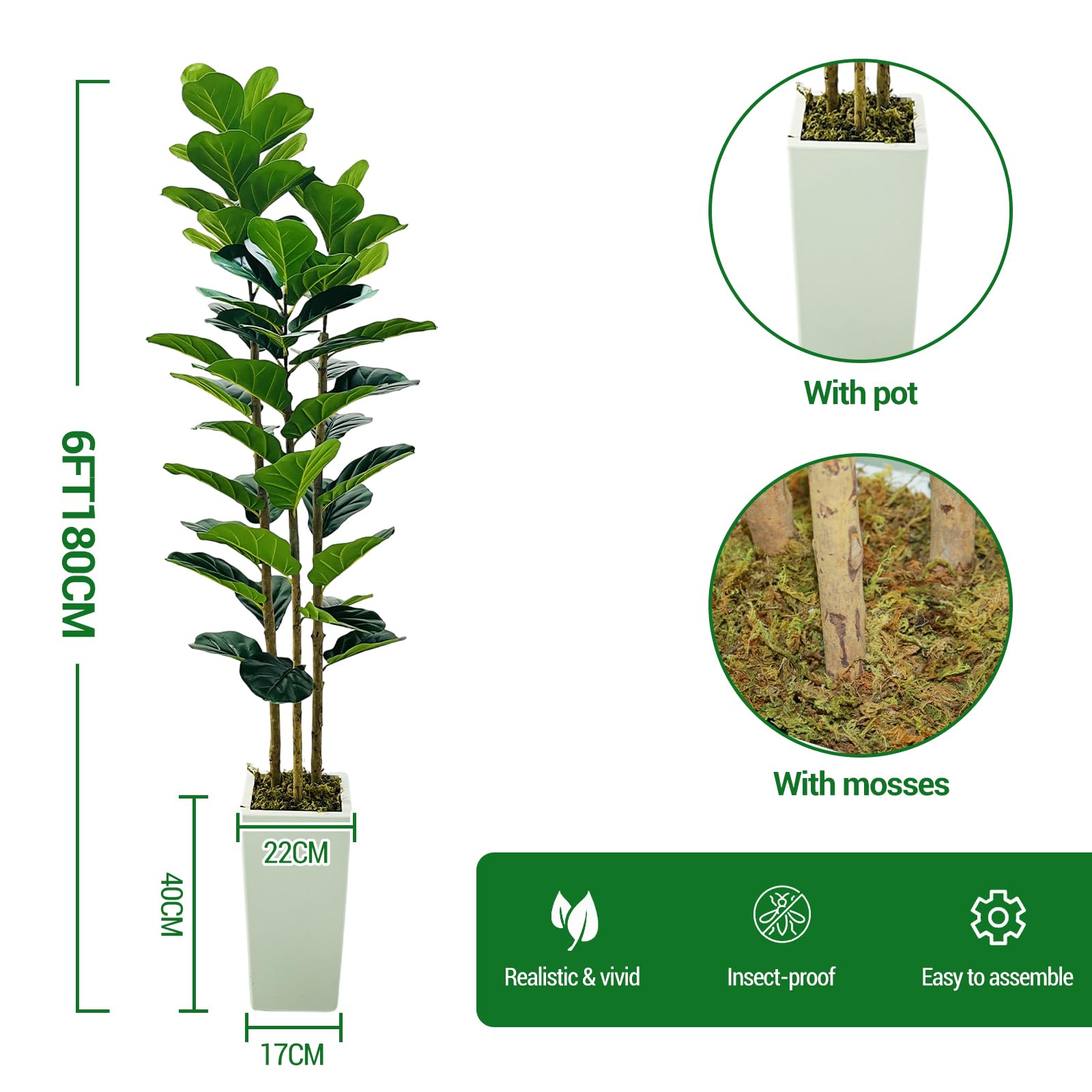 Arbre artificiel d'intérieur Garvee de 1,8 m (6 pi) réaliste, sans entretien, polyvalent et durable, vert