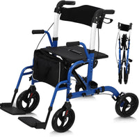 Garvee Rollator 2 en 1 pour seniors, aluminium pliable, roues anti-crevaison 25 cm, accoudoirs et repose-pieds amovibles, intérieur/extérieur, bleu et noir