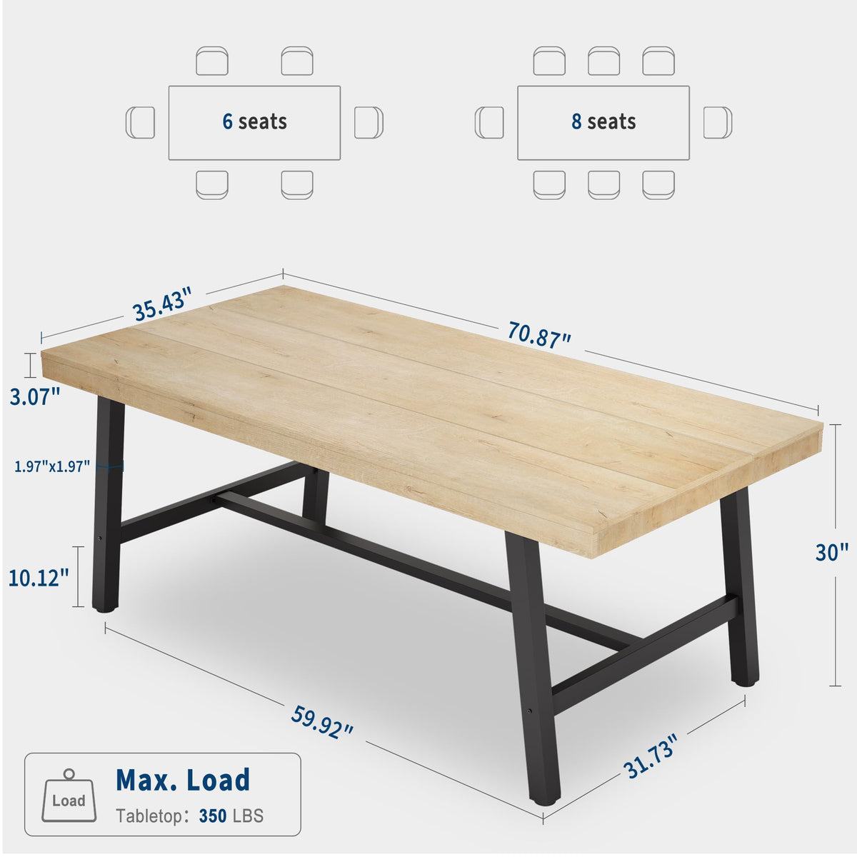 Garvee Table de salle à manger industrielle pour 6 à 8 personnes, structure métallique robuste, plateau en MDF brun rustique, pieds réglables