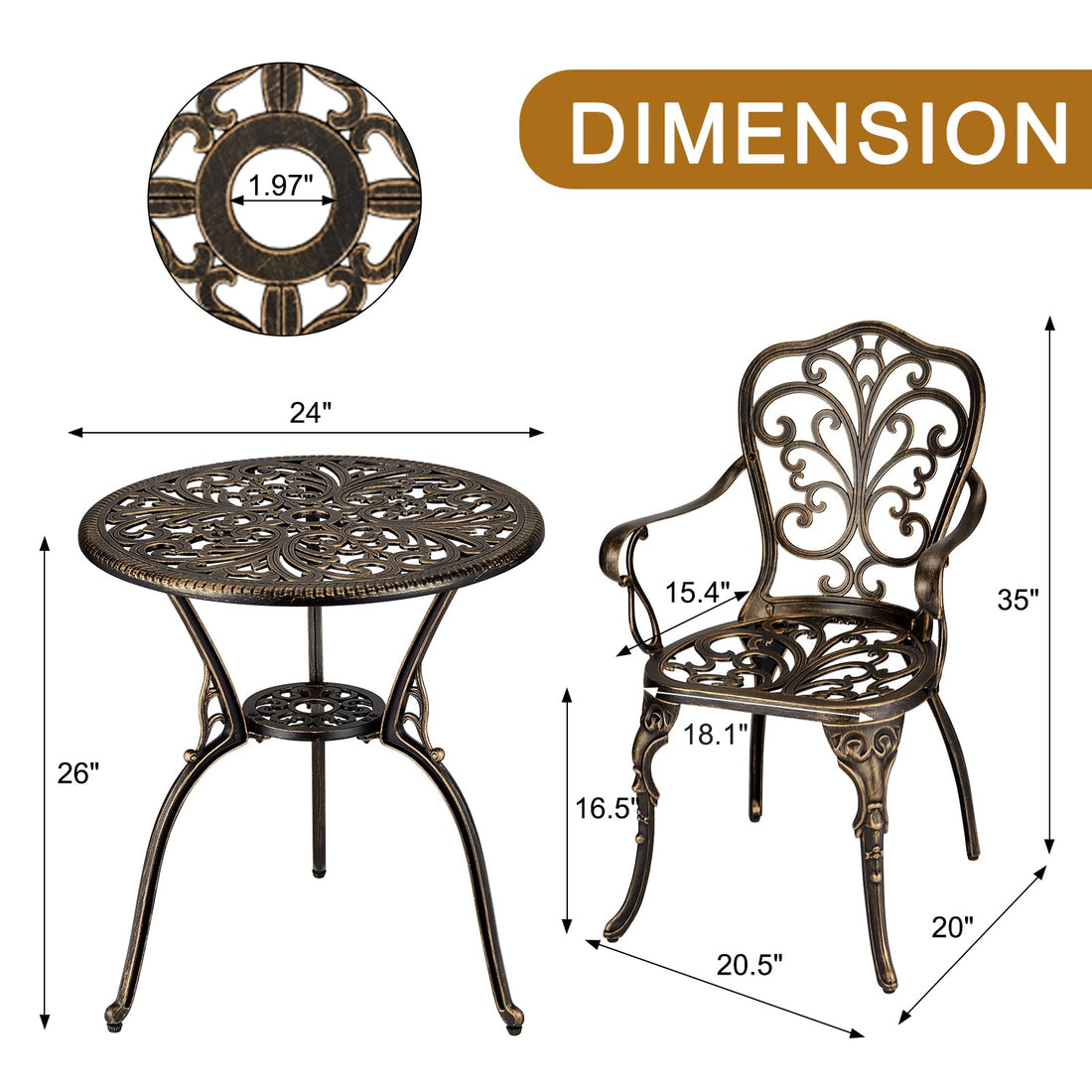 Ensemble de jardin 3 pièces Garvee en aluminium moulé avec trou pour parasol, idéal pour le jardin, le balcon et la terrasse. Finition laiton rétro, robuste et élégant.
