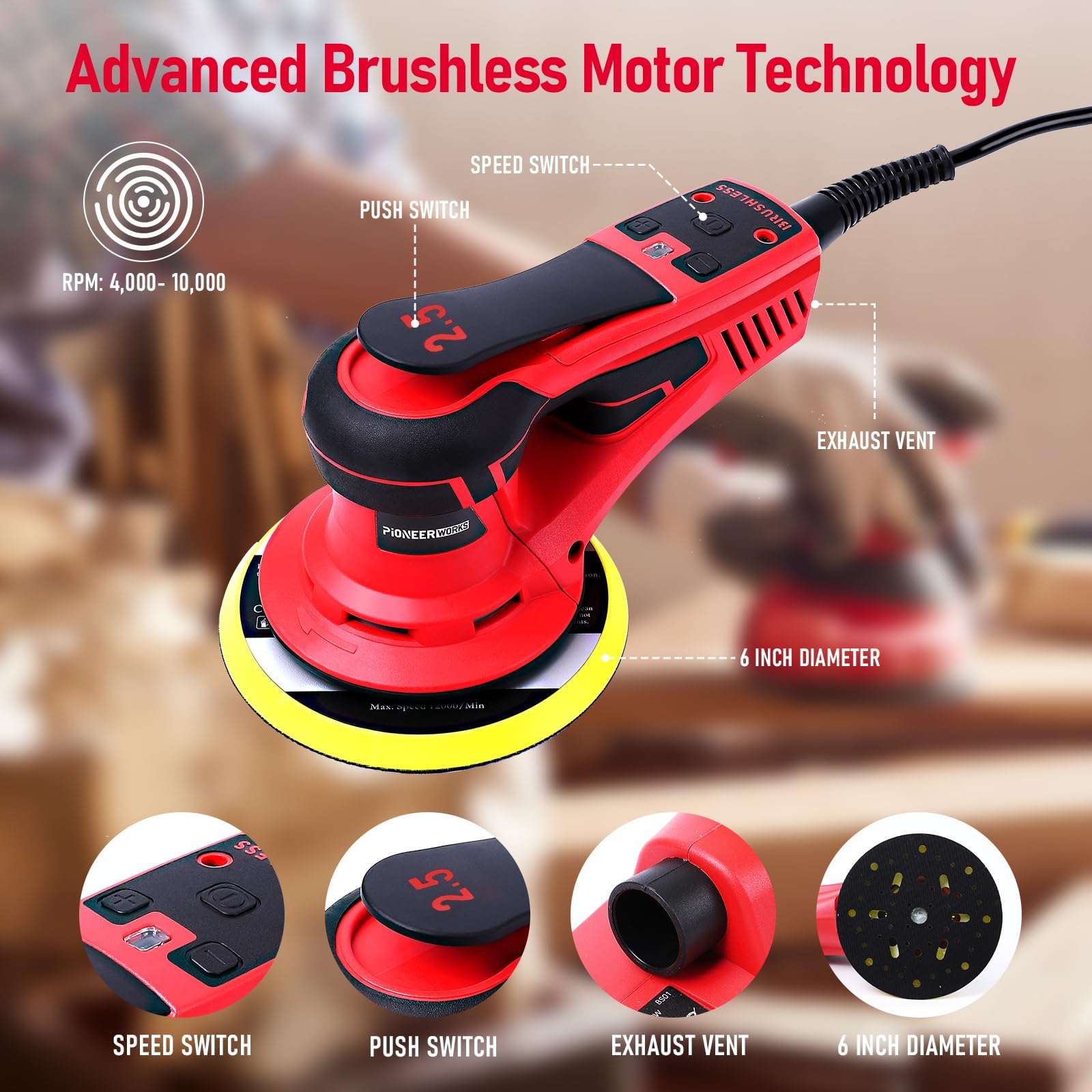 Ponceuse orbitale aléatoire Garvee 350 W, 150 mm, avec moteur sans balais pour un ponçage professionnel, 5 vitesses, faibles vibrations, ergonomique, noire