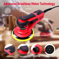 Ponceuse orbitale aléatoire Garvee 350 W, 150 mm, avec moteur sans balais pour un ponçage professionnel, 5 vitesses, faibles vibrations, ergonomique, noire