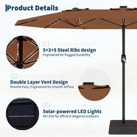 Garvee Parasol de Jardin 270 × 450 cm avec LED et Recharge Solaire, Protection UV, Toile Polyester Imperméable, Cadre en Fer Antirouille, Inclinaison Réglable