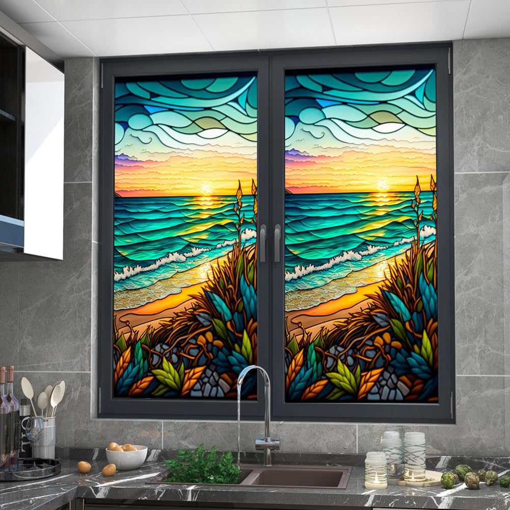 Film pour fenêtre PVC Garvee 60x100cm, motif coucher de soleil en bord de mer, protection UV, isolation thermique, coloré, pour fenêtres résidentielles et de bureaux