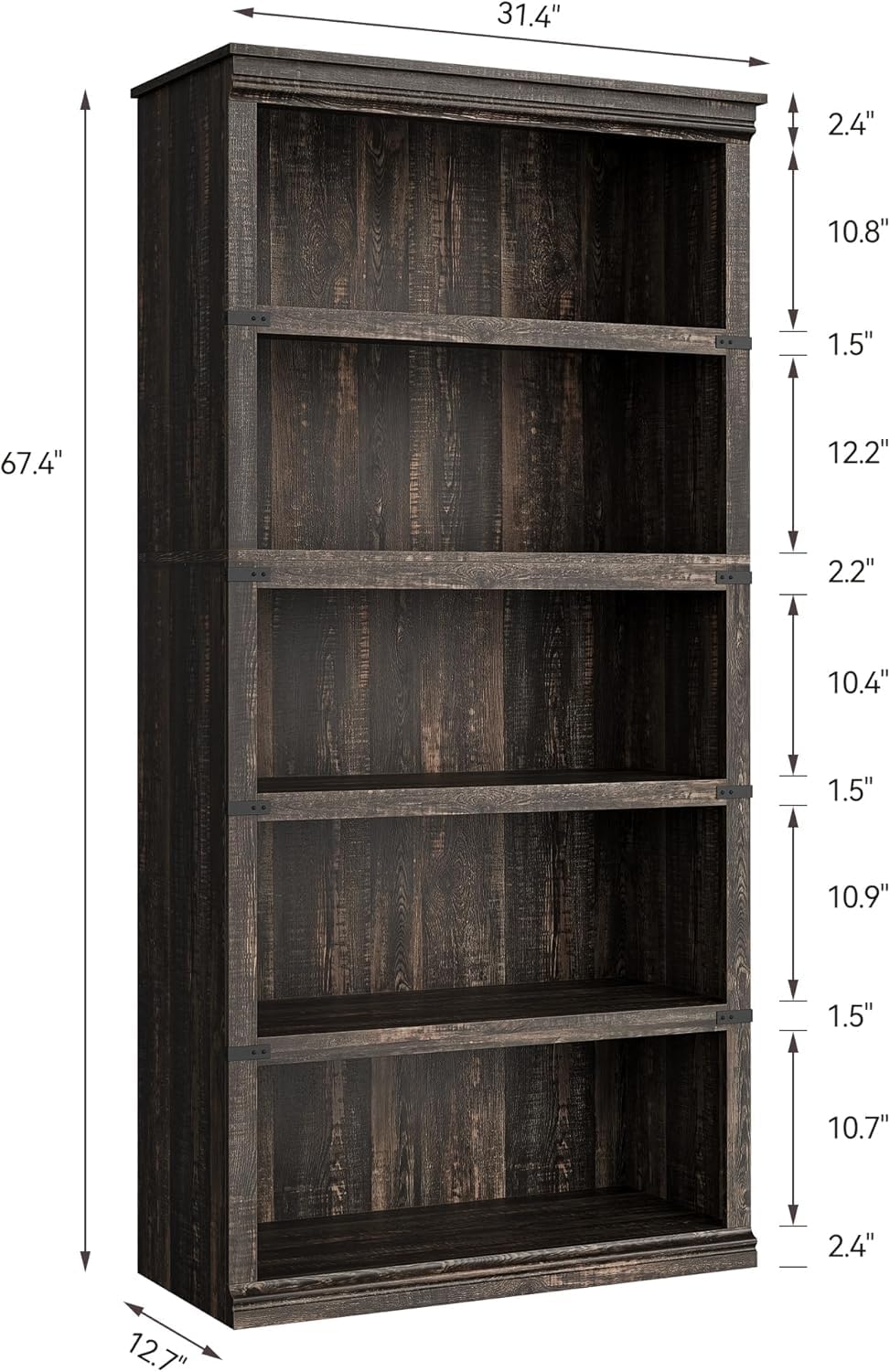 Étagère en bois Garvee à 5 niveaux (3+2 étagères), style ferme, en MDF et bois massif, marron, idéale pour le salon ou le bureau.