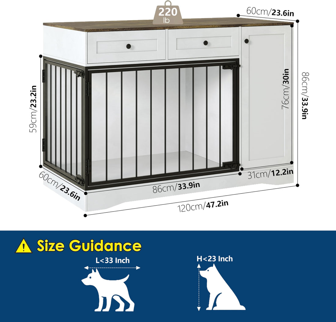 Meuble cage pour chien Garvee 47" style ferme avec double porte, 2 tiroirs et rangement, bois et métal, cage d'intérieur moderne, meuble TV, buffet pour chiens de petite et moyenne taille, marron