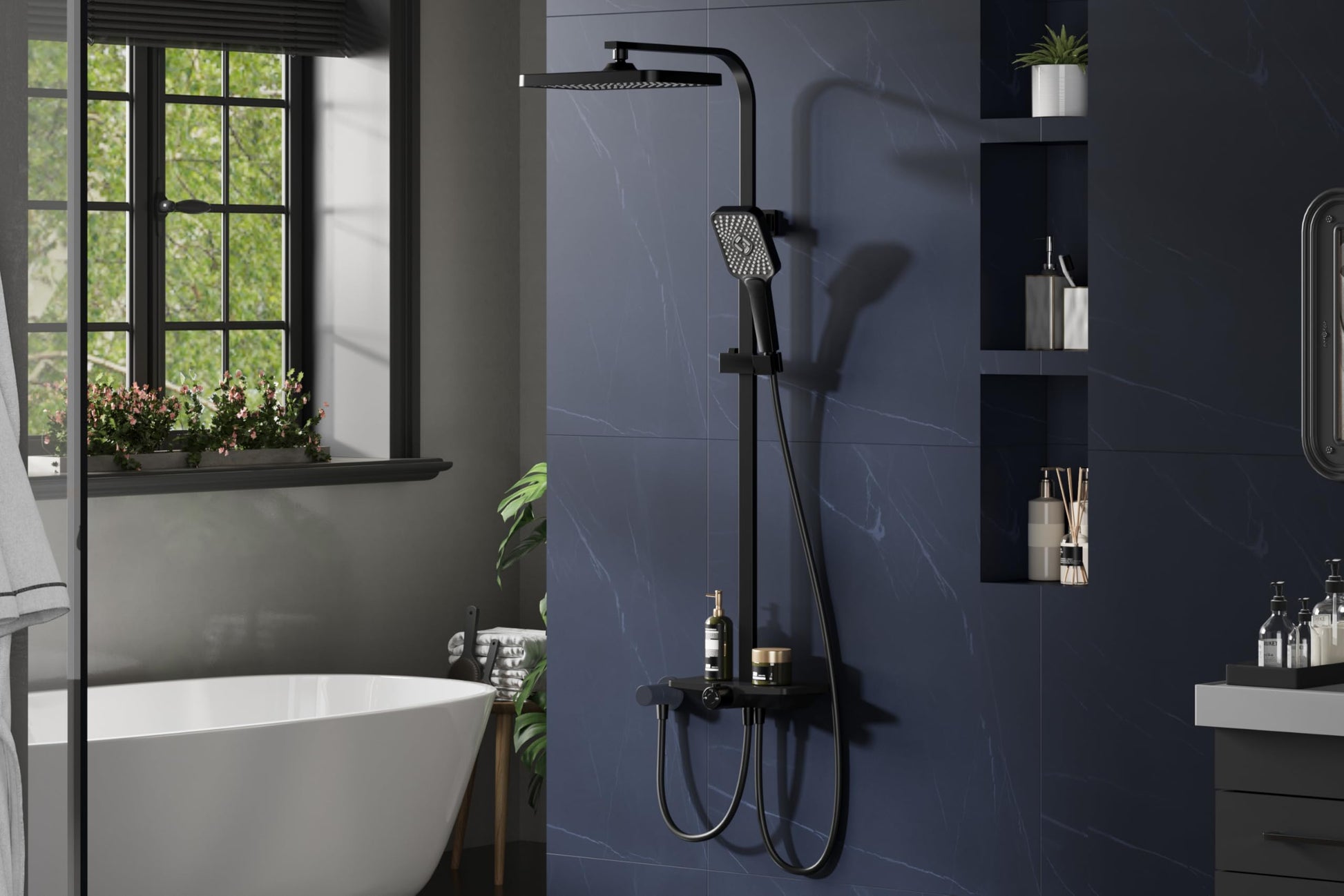 Colonne de douche GARVEE à effet pluie sans robinet avec étagère – Colonne de douche réglable en acier inoxydable noir 30 x 20,5 cm