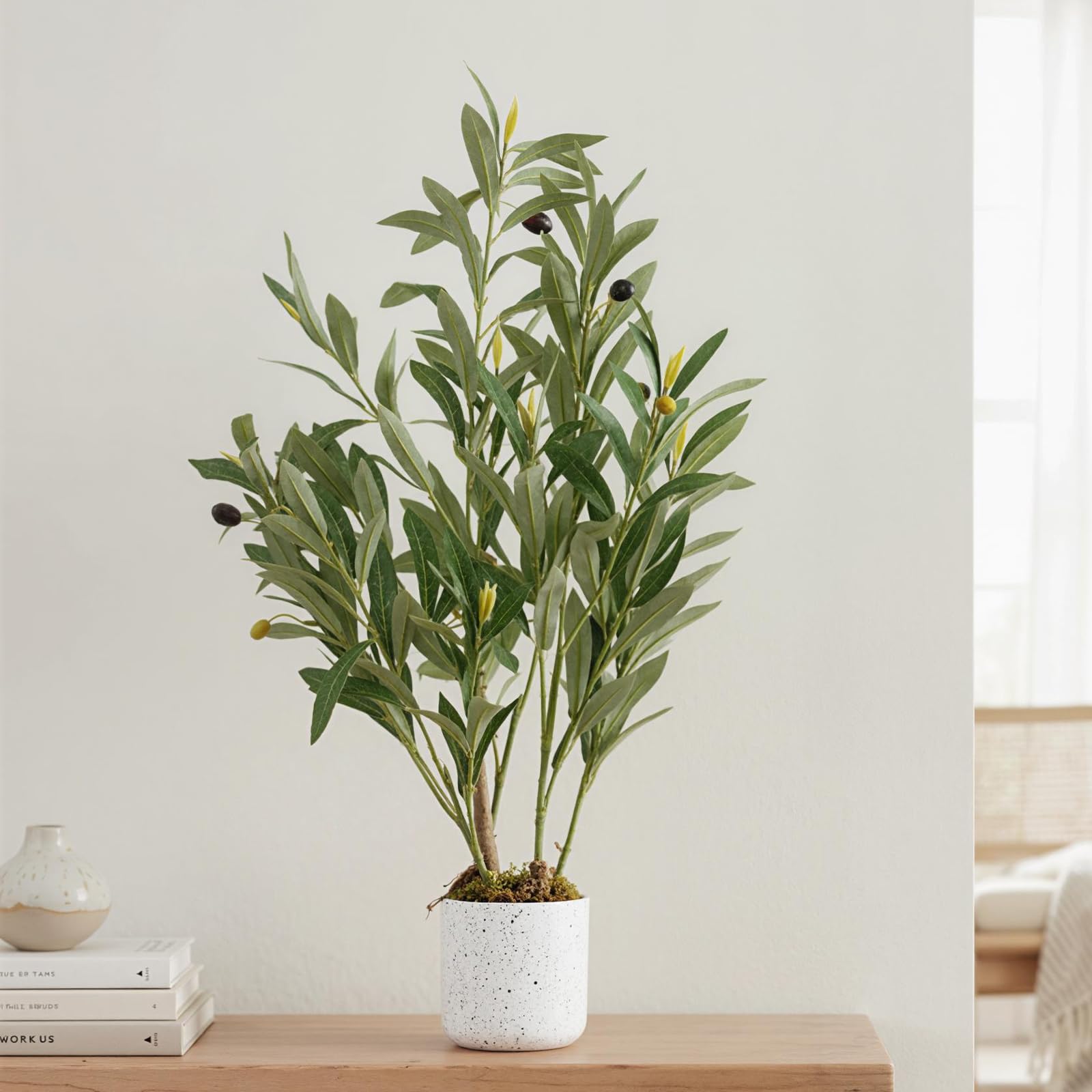 Olivier artificiel Garvee de 60 cm avec feuilles réalistes et 8 fruits, pot en ciment robuste pour salon et bureau, vert polyester