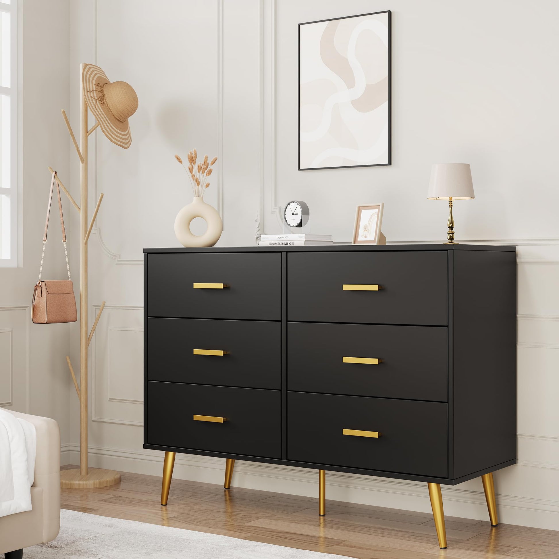 Commode moderne Garvee à 6 tiroirs avec rangement, en bois MDF, poignées dorées, pour chambre et salon, noire, polyvalente