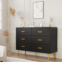 Commode moderne Garvee à 6 tiroirs avec rangement, en bois MDF, poignées dorées, pour chambre et salon, noire, polyvalente