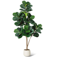 Ficus lyrata artificiel Garvee de 1,5 m avec pot blanc pour la décoration du salon, PVC+PE, base stable en ciment, 77 feuilles réalistes