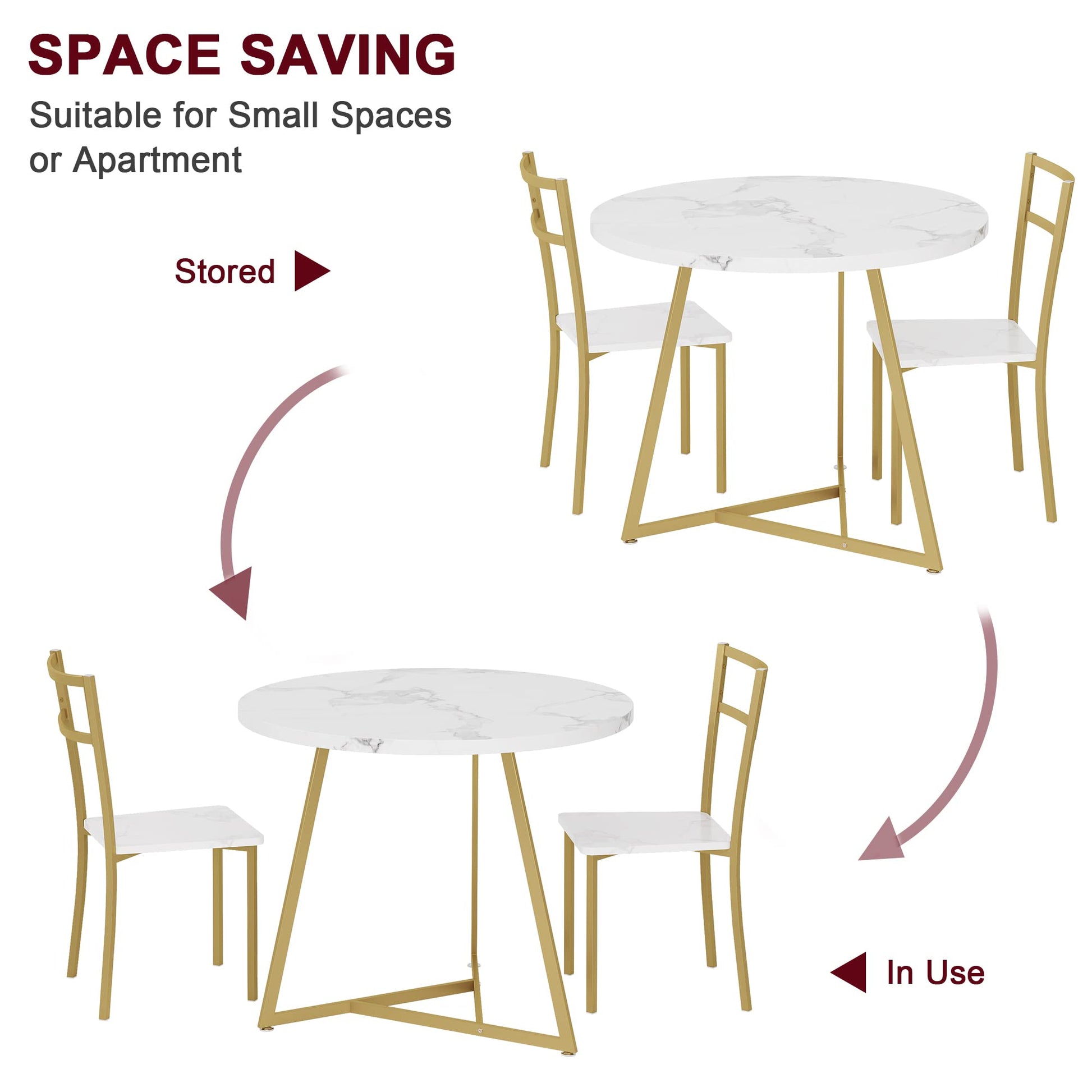 Ensemble table et chaises de salle à manger Garvee pour 2 personnes, table de cuisine ronde moderne avec chaises rembourrées, marbre blanc et or, MDF et acier, gain de place pour les petites pièces