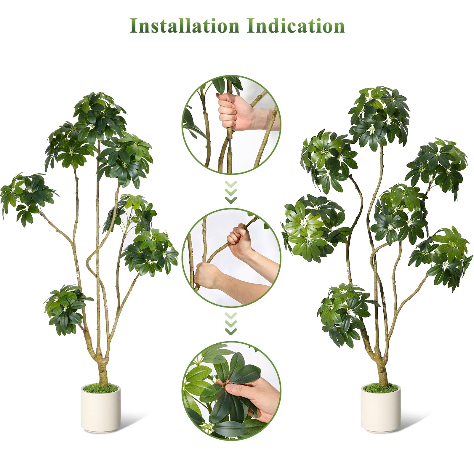 Arbre artificiel Schefflera parasol Garvee de 1,5 m avec 5 troncs, pot de fleurs blanc en PE pour la maison et le bureau