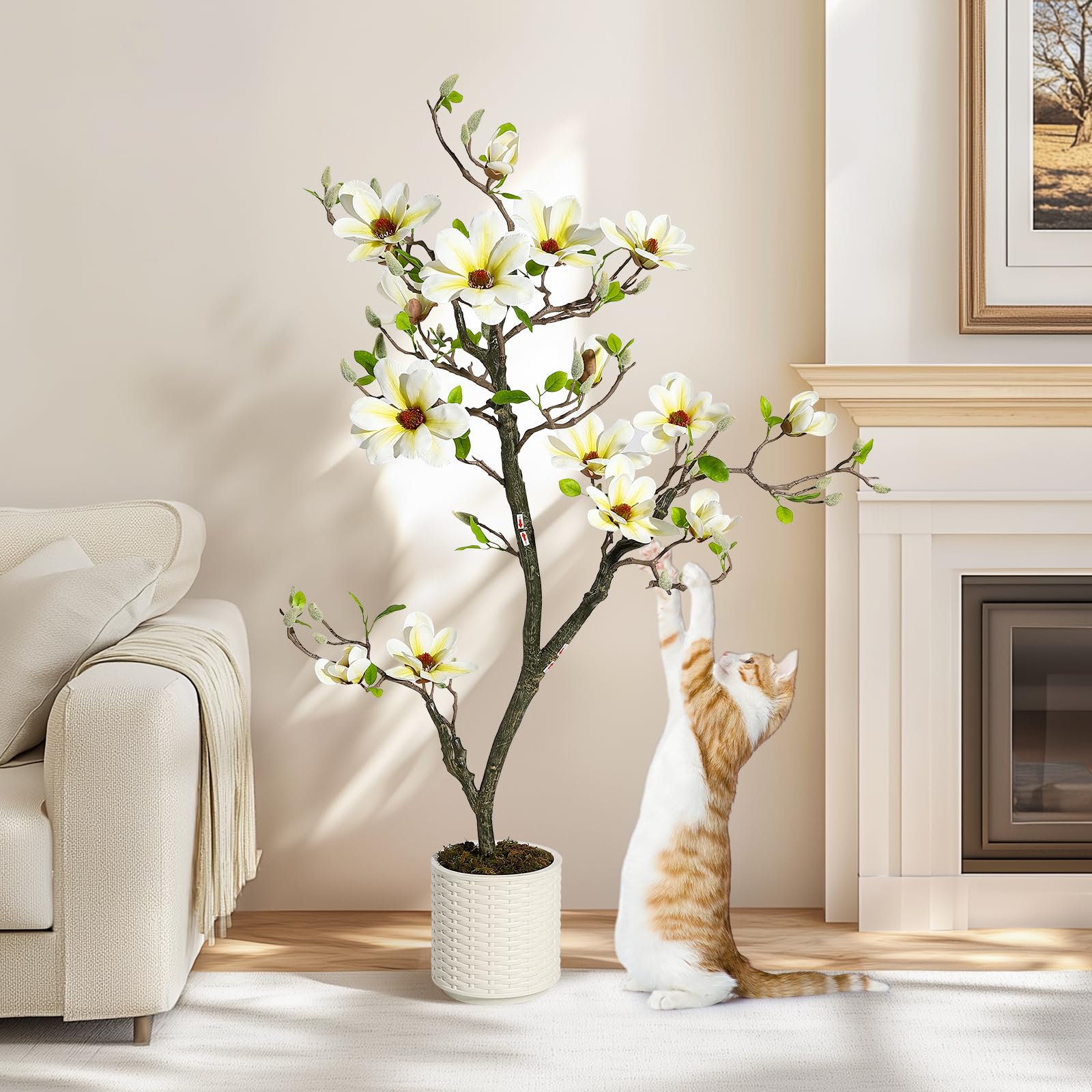 Magnolia artificiel Garvee blanc de 1,20 m avec branches ajustables pour une utilisation intérieure et extérieure, bureau et maison, matériau de haute qualité, base stable