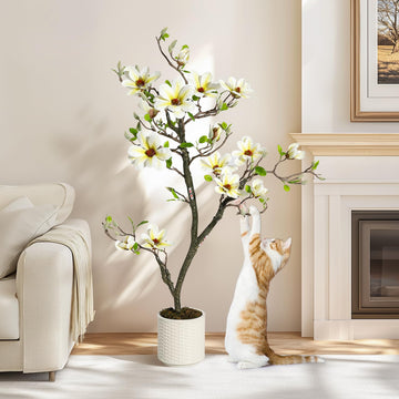 Magnolia artificiel Garvee blanc de 1,20 m avec branches ajustables pour une utilisation intérieure et extérieure, bureau et maison, matériau de haute qualité, base stable