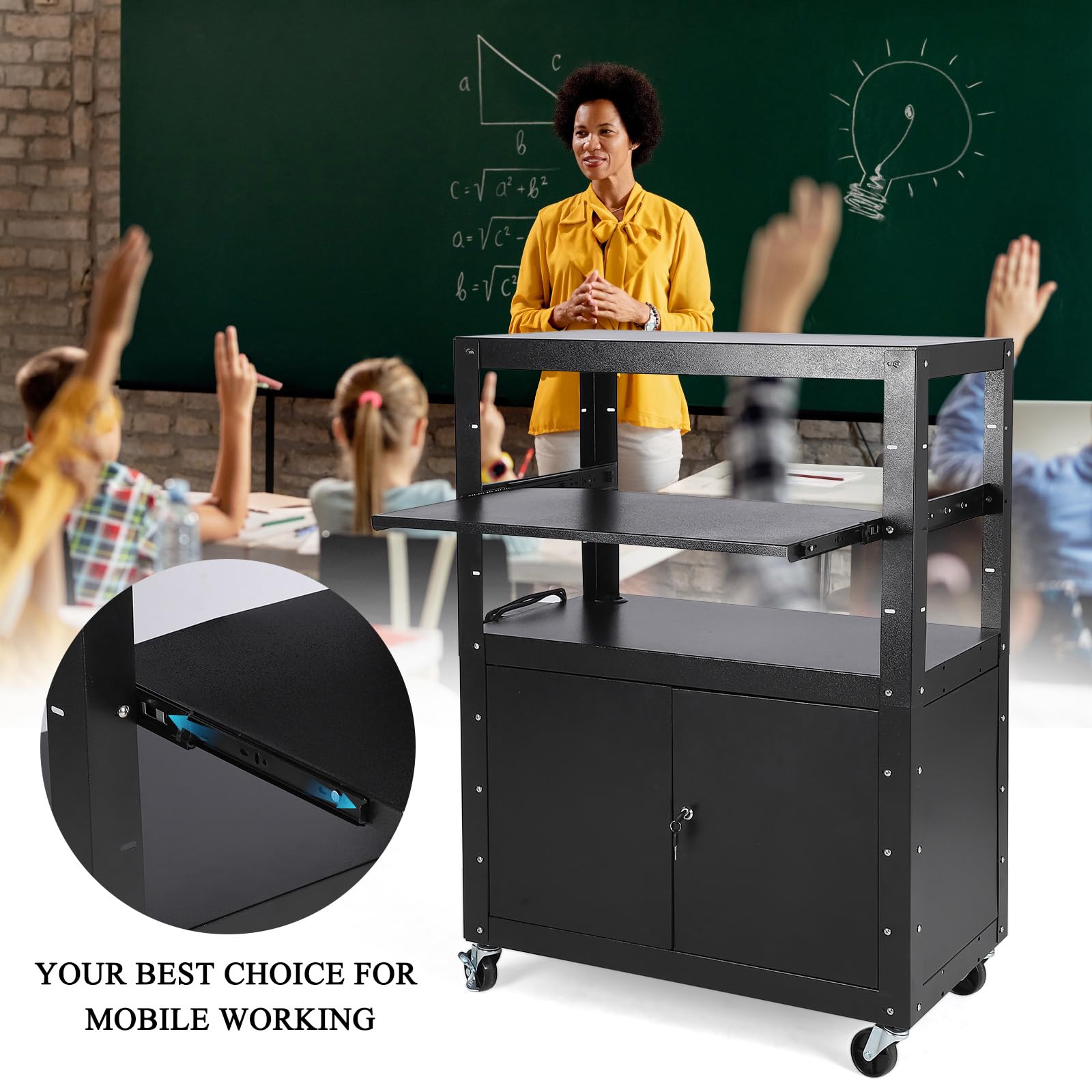Chariot audiovisuel mobile Garvee avec verrouillage, support pour ordinateur portable réglable en hauteur, acier, roues avec freins, bureau et présentation, noir, 61-107 cm (24-42 pouces)