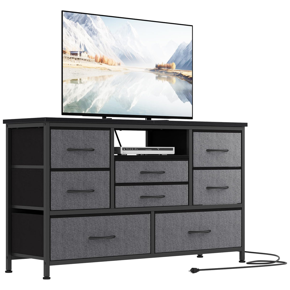 Meuble TV Garvee à 8 tiroirs en tissu avec prises LED pour chambre ou salon, compatible TV 55 pouces, MDF beige