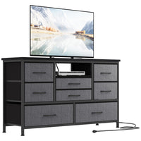 Garvee Meuble TV à 8 tiroirs en tissu avec prises LED pour chambre ou salon, compatible TV 140 cm, MDF beige