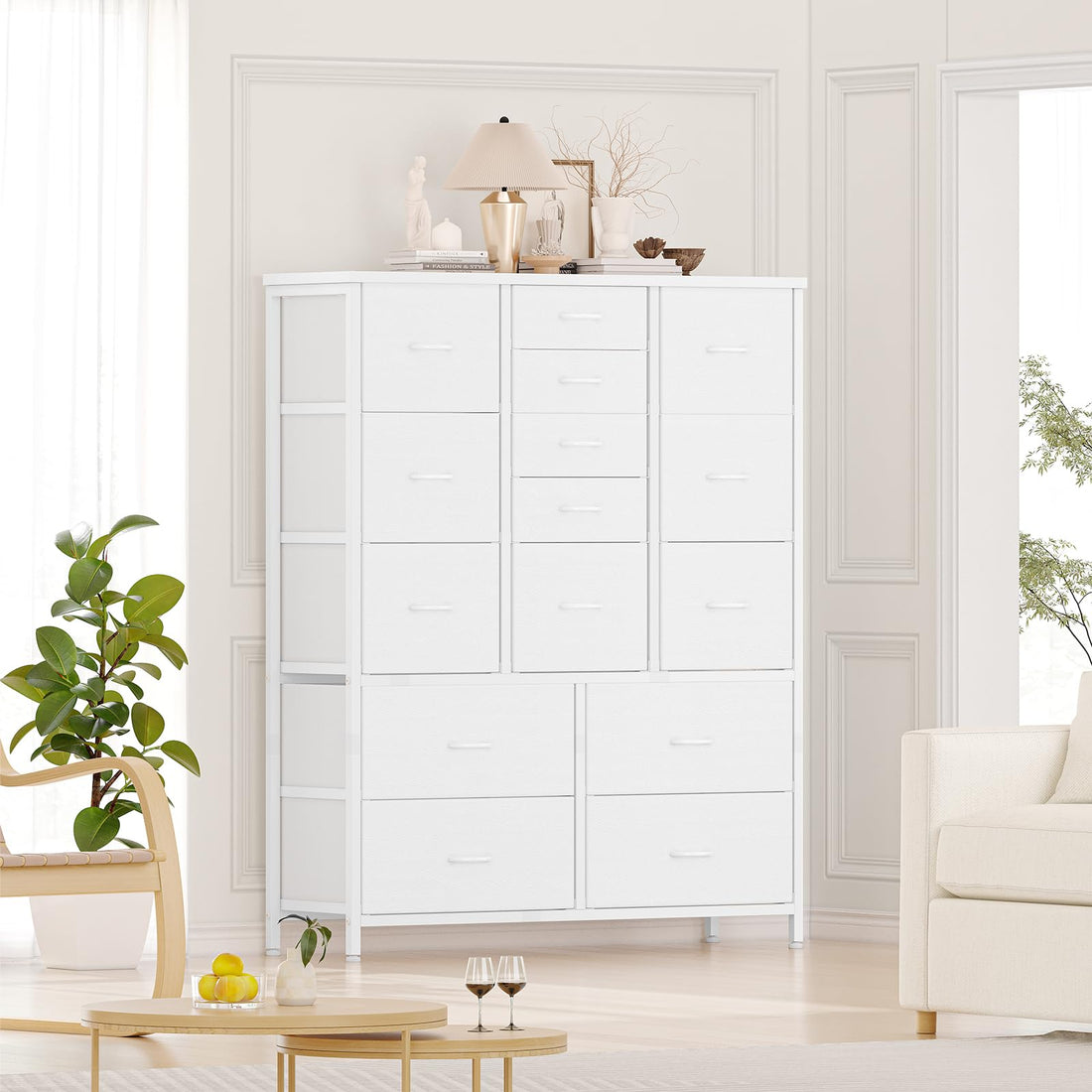 Garvee commode à 15 tiroirs avec plateau en bois, structure en métal et tiroirs en tissu, idéale pour la chambre et l'entrée, polyvalente et robuste, grise