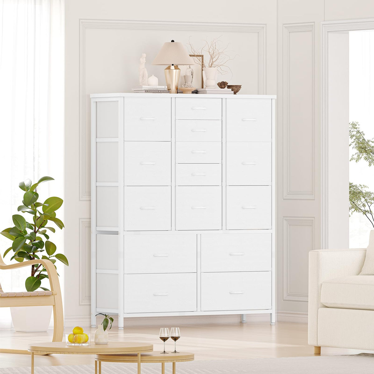 Garvee commode à 15 tiroirs avec plateau en bois, structure en métal et tiroirs en tissu, idéale pour la chambre et l'entrée, polyvalente et robuste, grise
