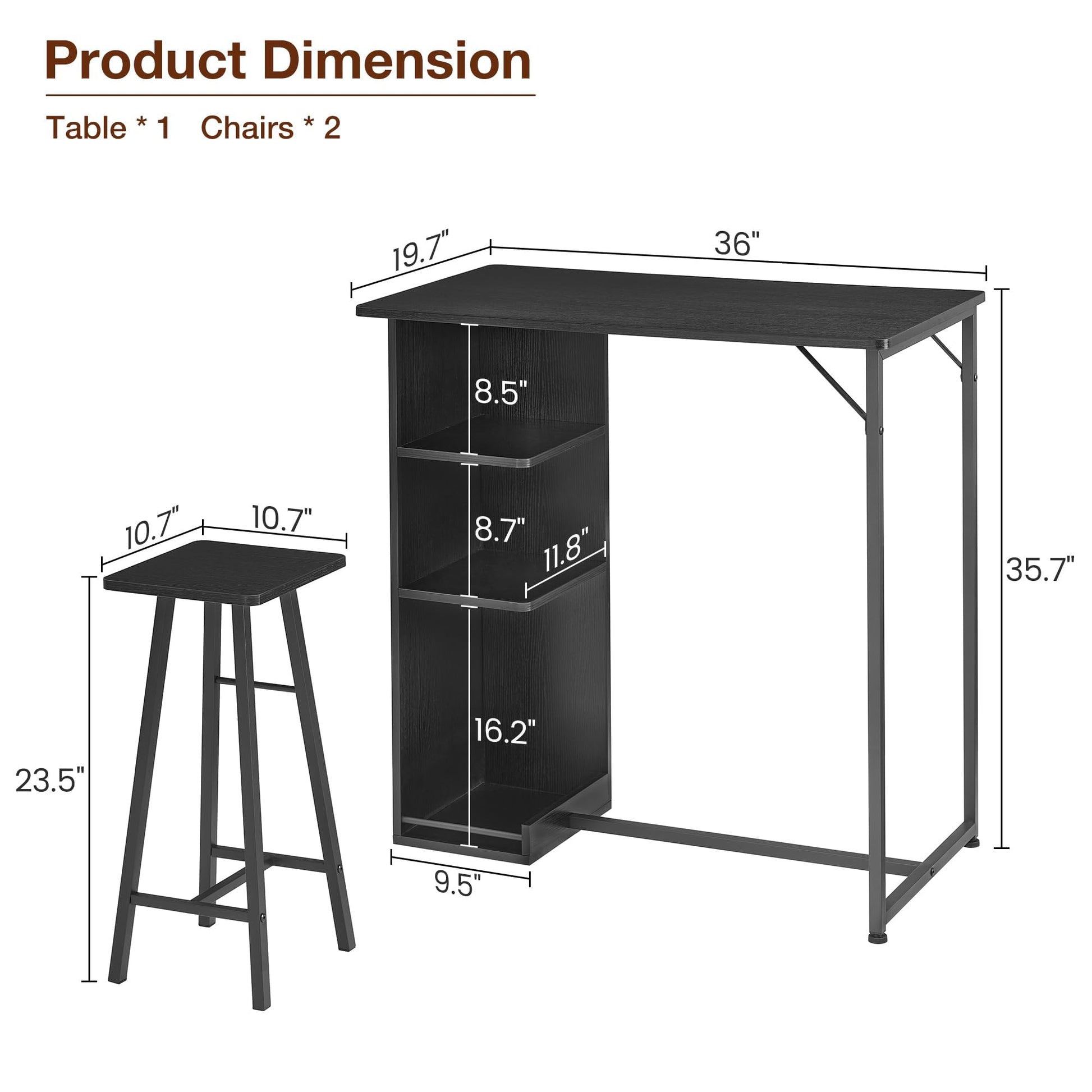 Ensemble table et chaises de salle à manger Garvee 36 po avec rangement, robuste et ergonomique, MDF et acier, noir, pour appartements et cuisines