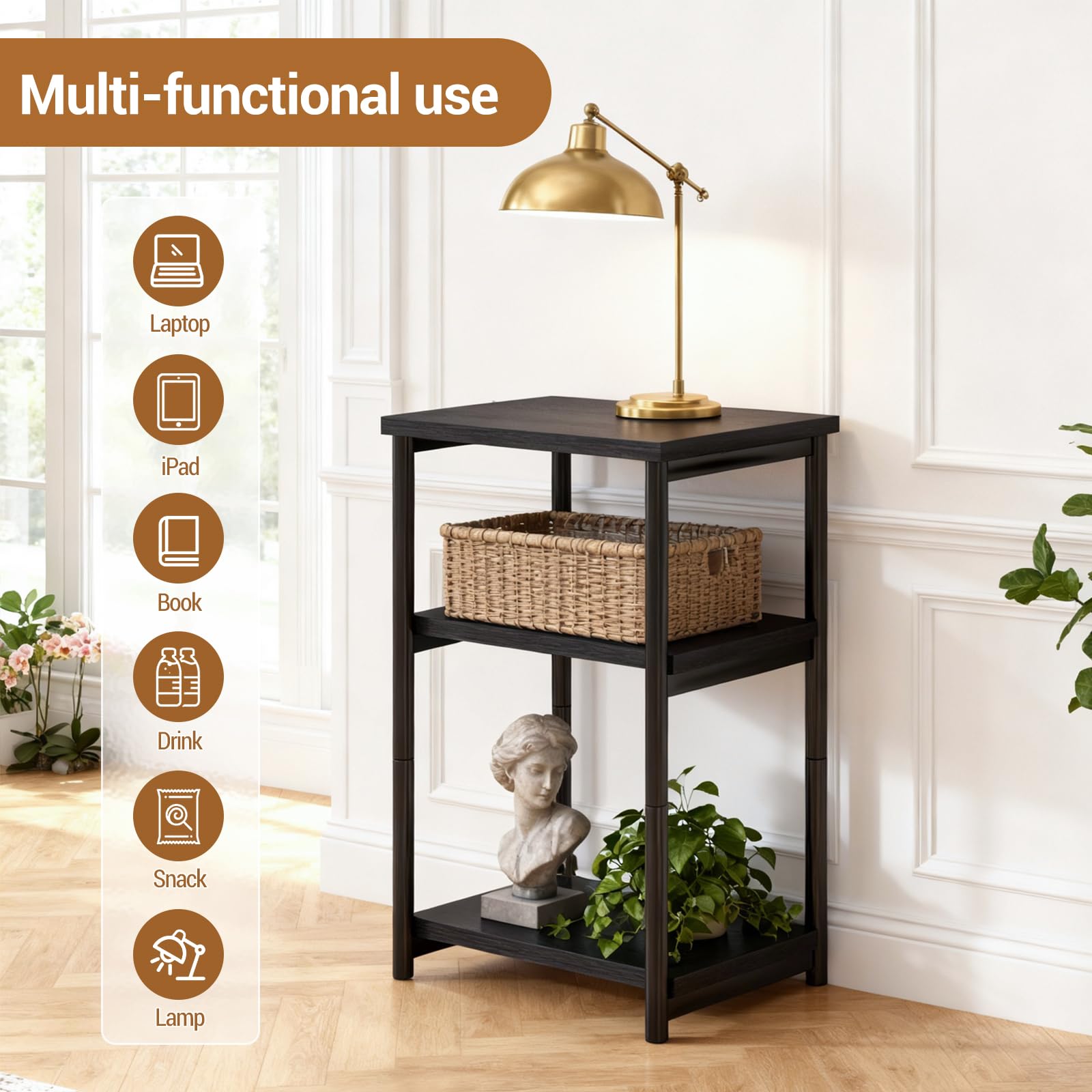 Table d'appoint Garvee à 3 niveaux avec structure en métal pour salon et chambre, design rustique, structure robuste en acier, noire