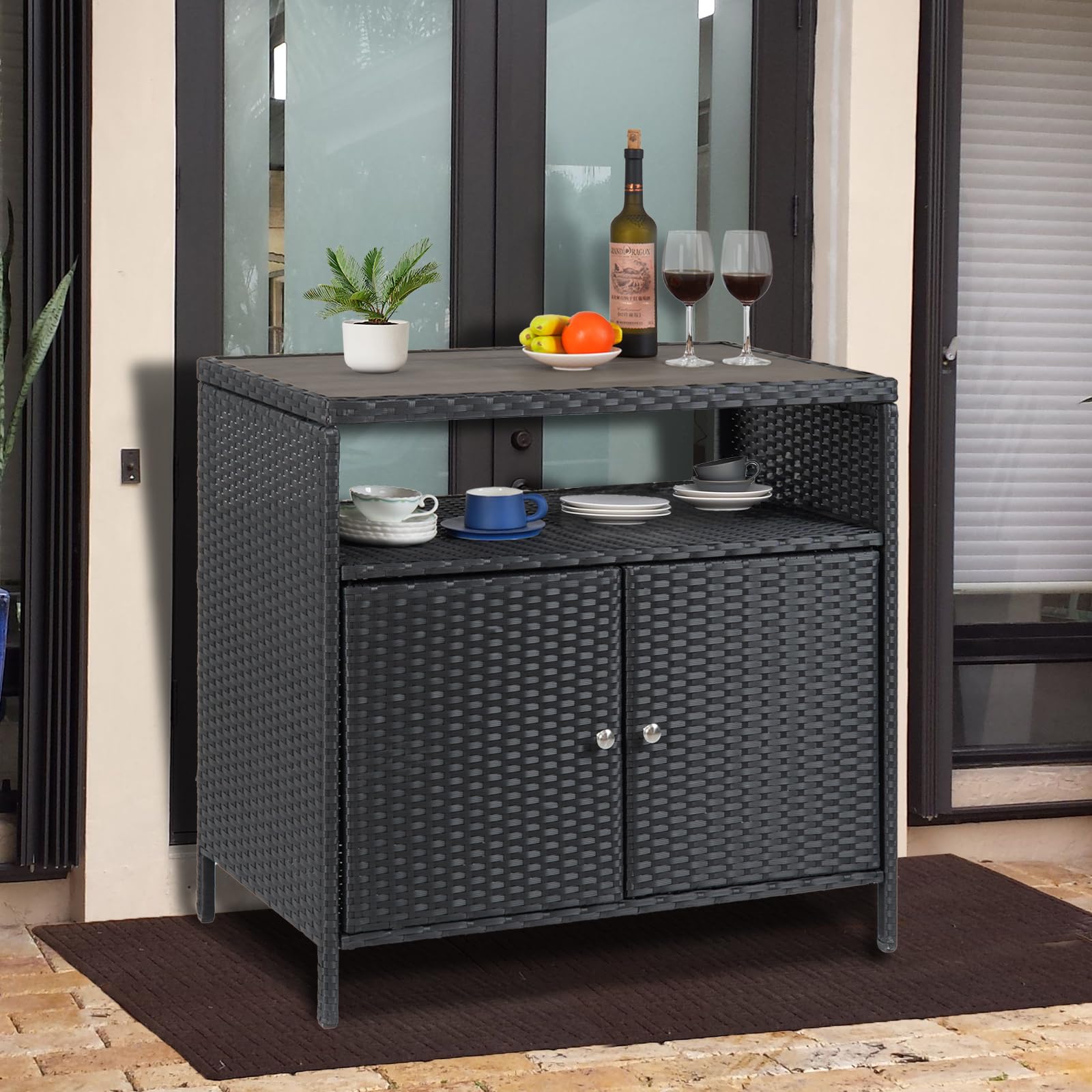 Armoire de rangement d'extérieur Garvee en résine tressée avec étagère, résistante aux intempéries, table en aluminium, 2 portes, fermeture magnétique, grise, pour jardin et terrasse