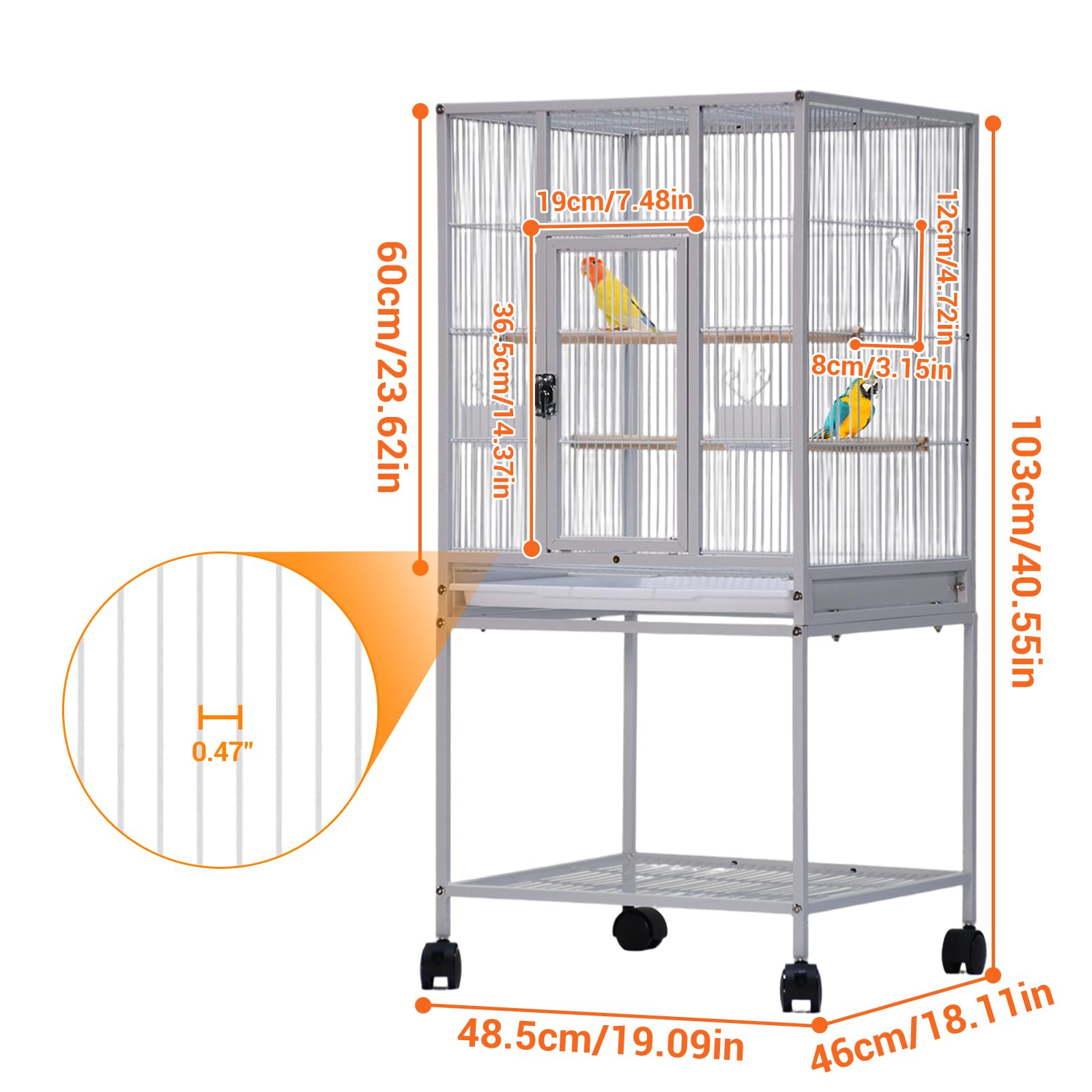 Cage à oiseaux en métal Garvee de 104 cm (41 pouces) pour perruches ondulées, avec perchoirs en bois et support à roulettes, blanche, pour la maison