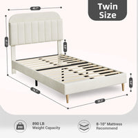 Cadre de lit simple Garvee avec revêtement en velours et tête de lit bibliothèque pour chambre d'enfant, blanc crème, pieds robustes en acier, silencieux, montage facile