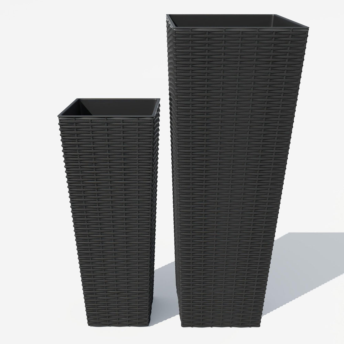 Garvee lot de 2 jardinières hautes (61 et 81 cm) avec trous de drainage, pour jardin et terrasse, légères, résistantes aux intempéries, design moderne en rotin, noires