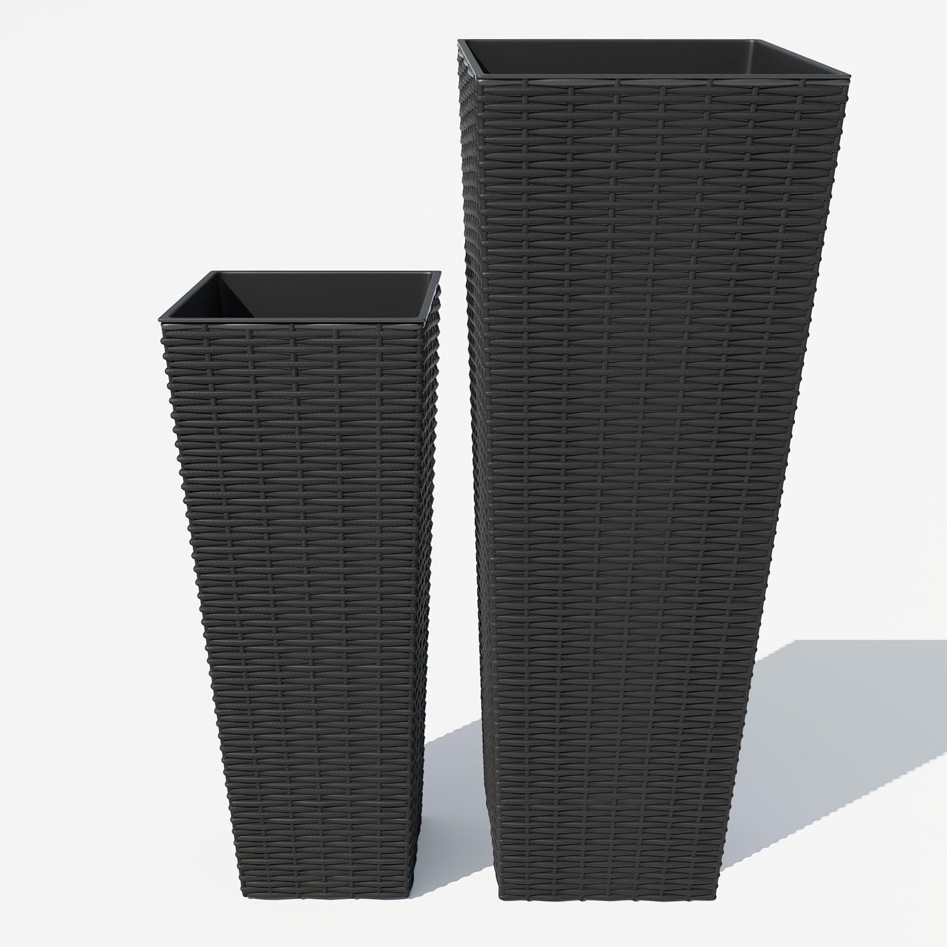 Garvee Lot de 2 jardinières hautes (61 et 81 cm) avec trous de drainage, pour jardin et terrasse, légères, résistantes aux intempéries, design moderne en rotin, noires