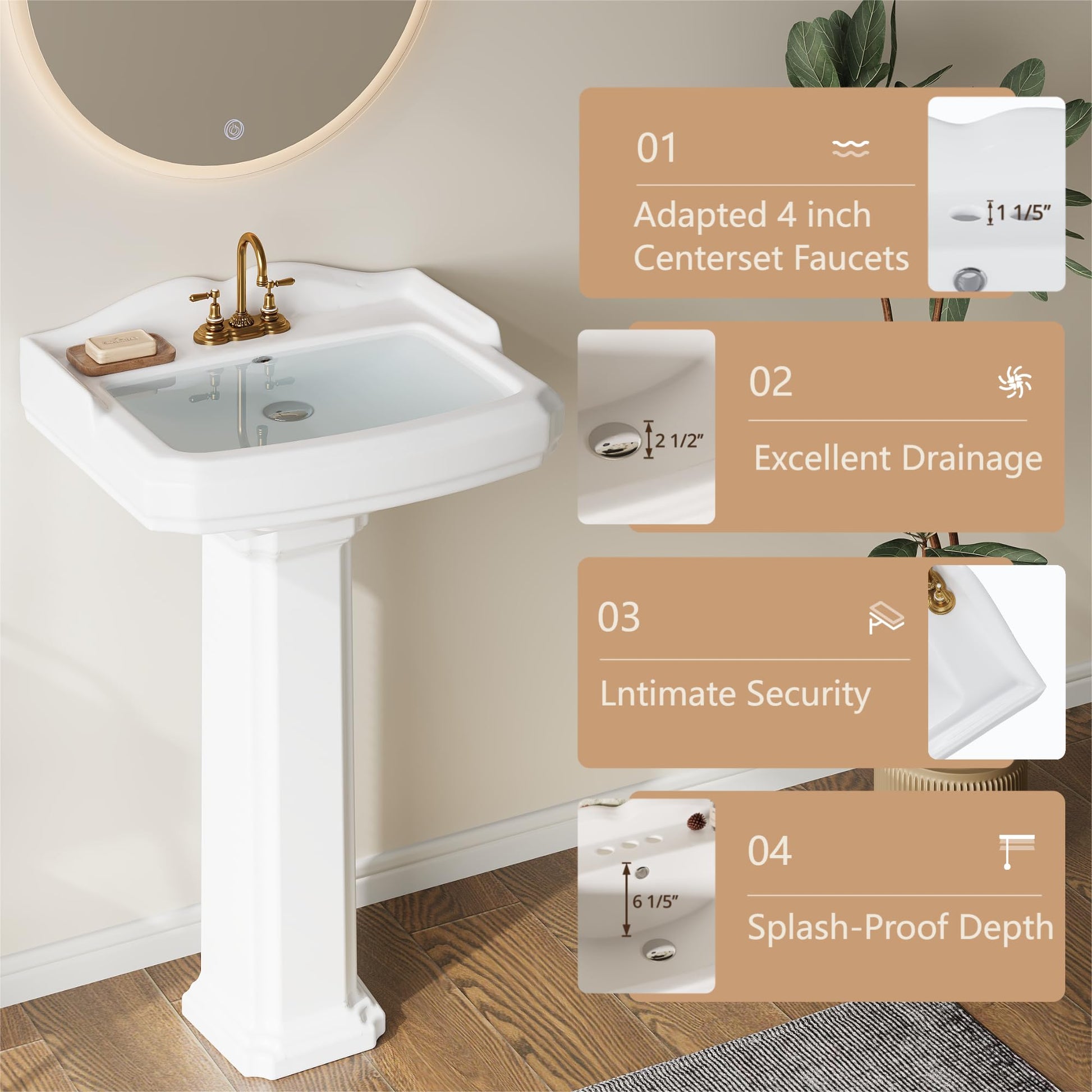 Lavabo sur pied rectangulaire en céramique Garvee 23 x 19 pouces avec robinet à 3 trous et trop-plein pour salle de bain moderne, blanc