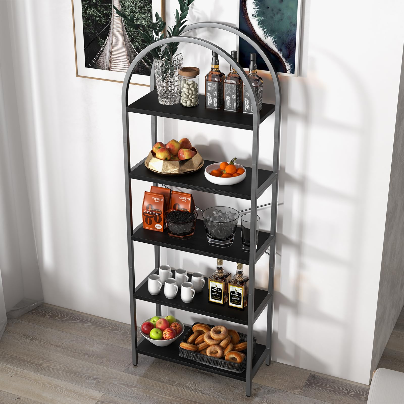 Garvee Étagère à 5 niveaux avec structure en métal, grande étagère ouverte, étagères arquées, noire pour salon et bureau