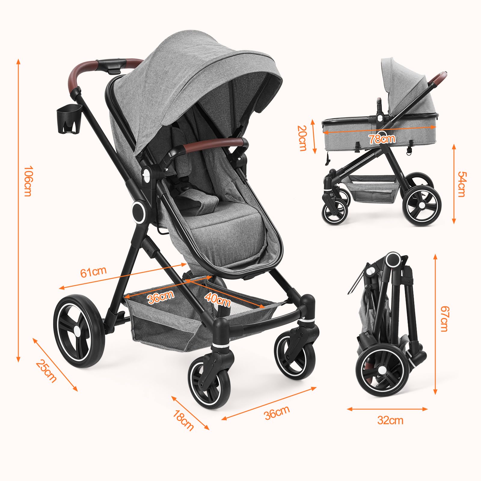 Garvee Poussette Bébé 2 en 1 S600, Assise Haute Vision, Système de Voyage Compact et Léger, Réversible, Pliable, Gris Clair