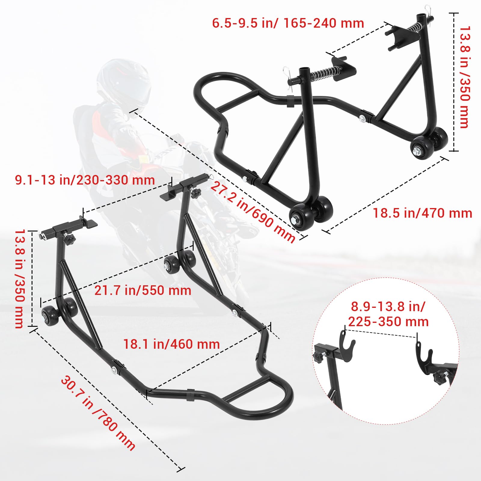 Support de levage pour moto Garvee, capacité de charge de 385 kg, largeur réglable, cadre en fer robuste, pour atelier et garage, universel, noir