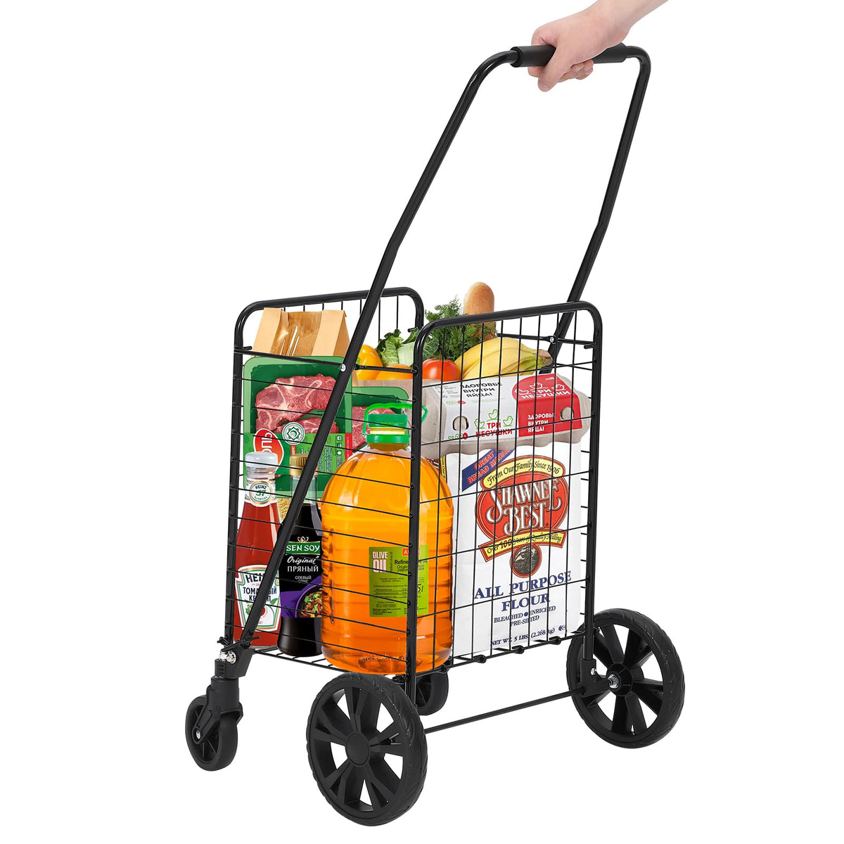 Chariot de courses pliable Garvee, capacité de 50 kg, roues pivotantes à 360°, panier de 83 litres, acier allié, léger, idéal pour les courses et les pique-niques, pliable, gris
