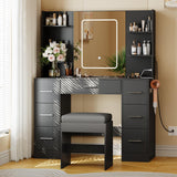 Garvee Coiffeuse avec miroir LED 3 couleurs, 7 tiroirs, prise intégrée, porte-sèche-cheveux et tabouret, pour chambre, noir