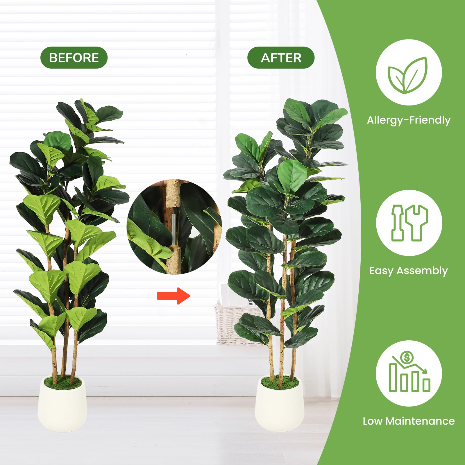 Garvee Ficus Lyrata artificiel 152 cm, feuilles réalistes, pot blanc et PVC résistant à l’eau, pour maison et bureau