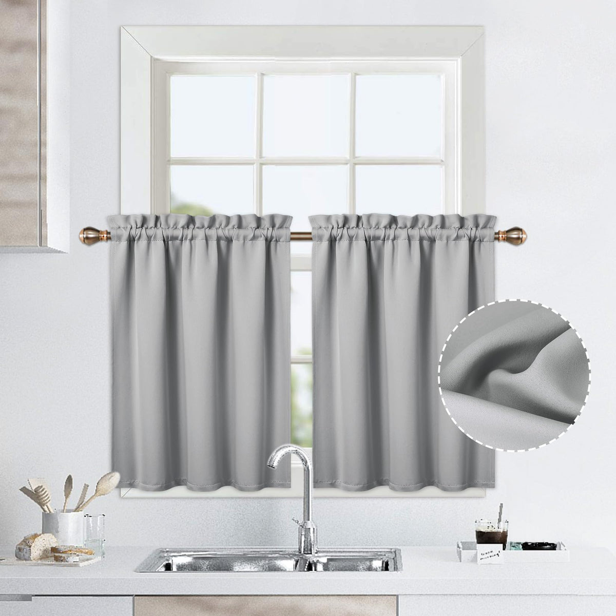 Rideaux occultants courts Garvee, lot de 2, à œillets, pour petites fenêtres de cuisine ou de salle de bain, 61 x 61 cm, gris clair