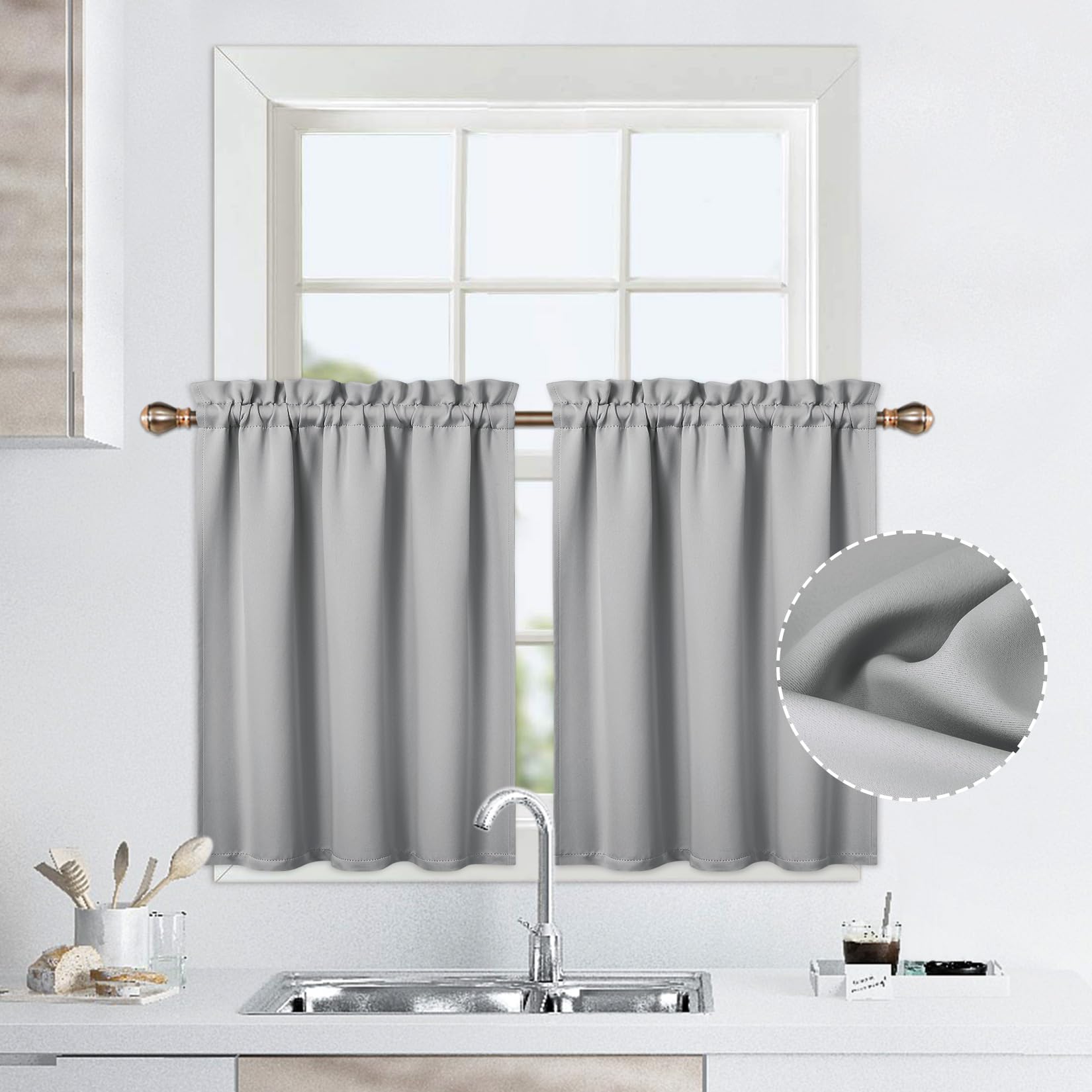 Rideaux courts Garvee, occultants, 2 pièces, pour petites fenêtres de cuisine et salle de bain, 66 x 76 cm, gris clair, coton