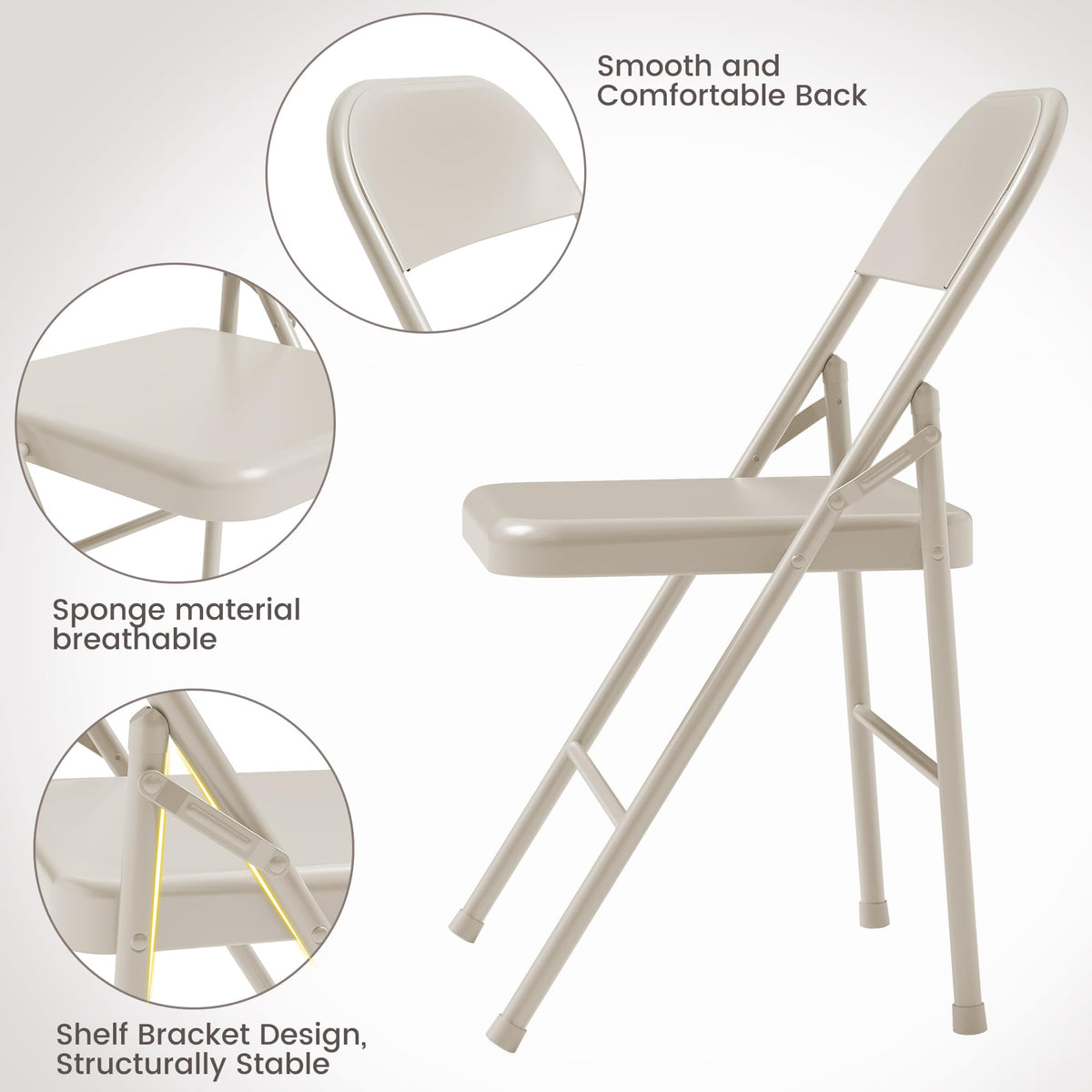 Garvee Lot de 4 chaises pliantes beige, cadre en métal, charge max. 159 kg, chaises portables pour salle à manger, salon, bureau et camping