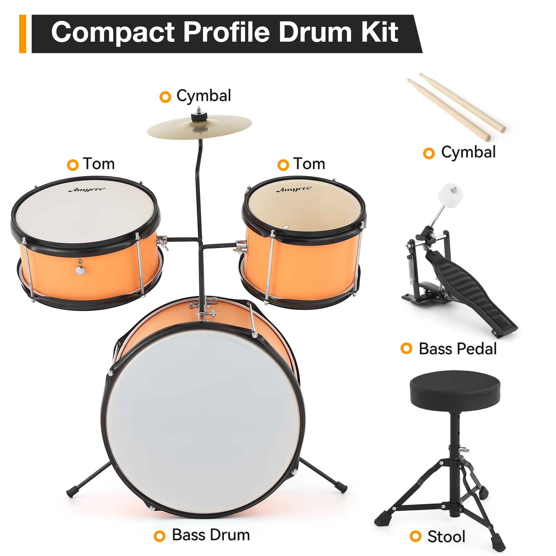 Batterie Garvee 3 pièces pour enfants avec cymbales et pédale de grosse caisse, pour garçons et filles, hauteur 74 cm, jaune