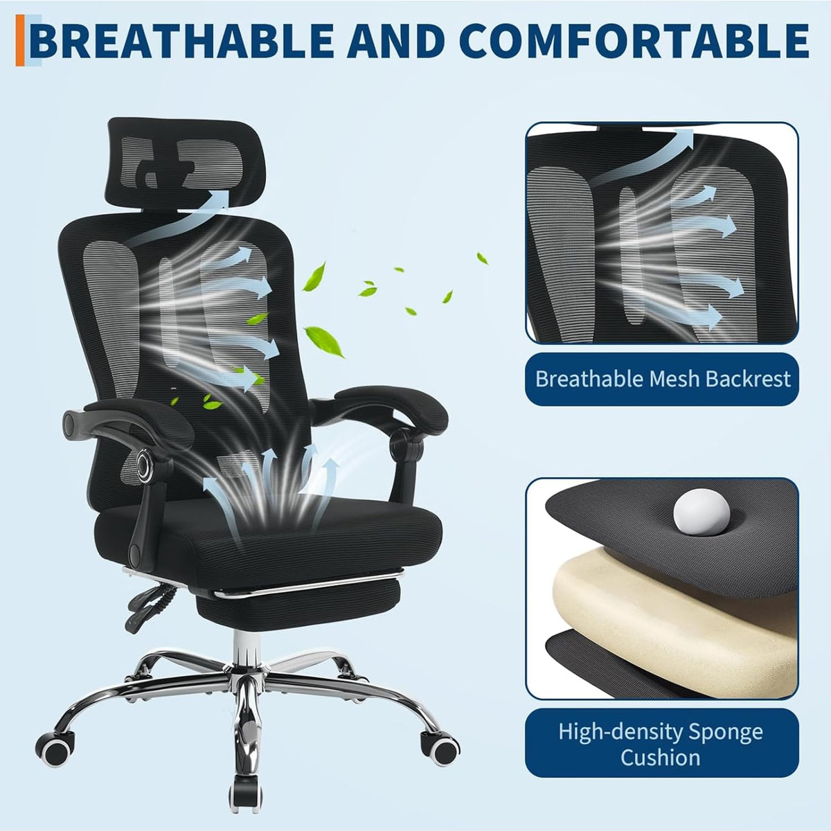 Garvee Chaise de bureau ergonomique avec appui-tête réglable, soutien lombaire et repose-pieds, tissu en maille respirante, noire