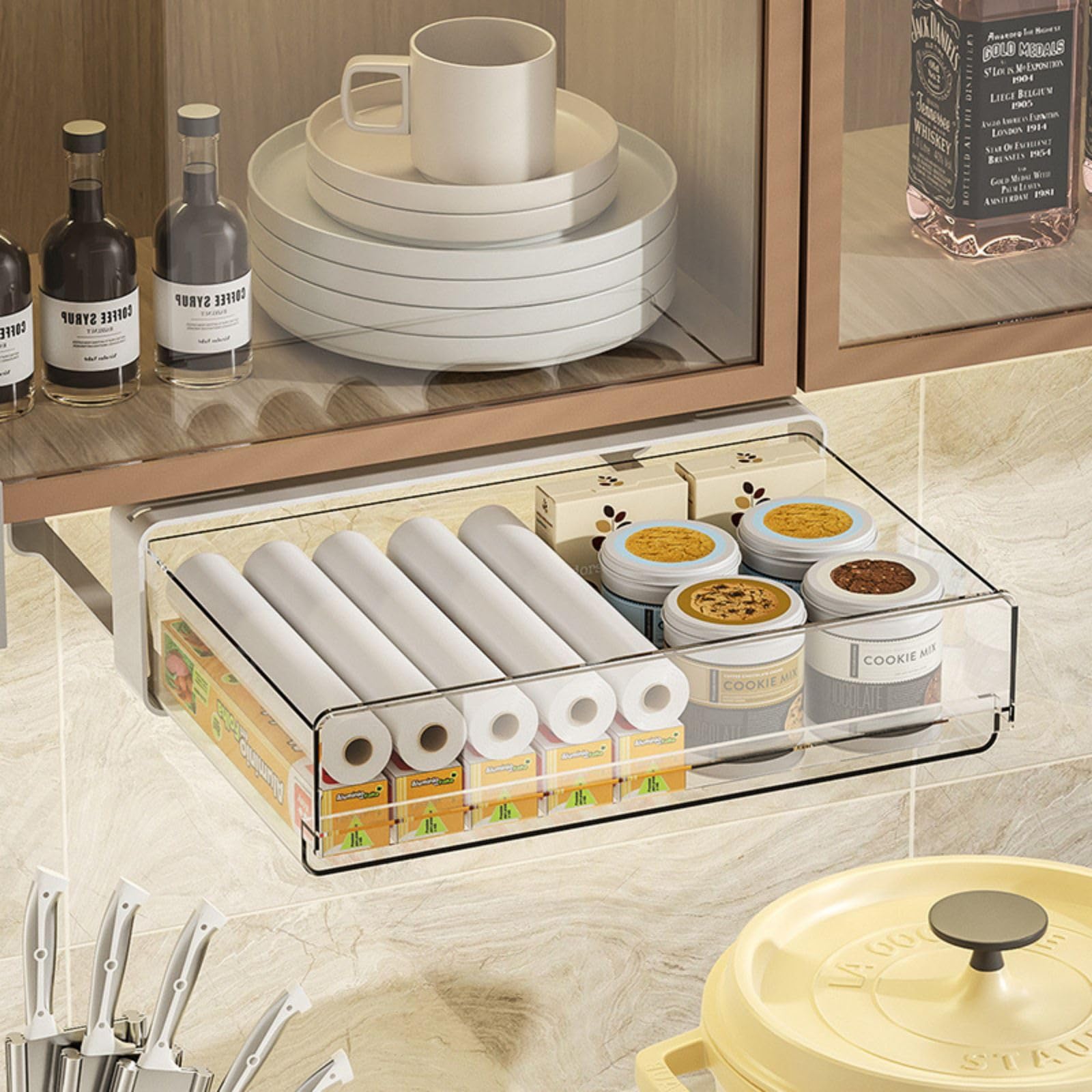 Garvee Organisateur de tiroir sous meuble avec fonction coulissante, en plastique auto-adhésif, pour la cuisine et le bureau, gain de place, polyvalent