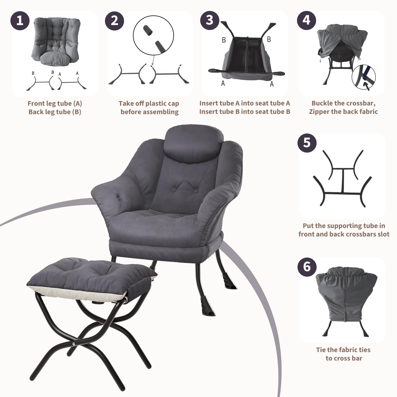Fauteuil relax Garvee avec repose-pieds, ergonomique, en velours, pliable, gris, pour salon et chambre, gain de place