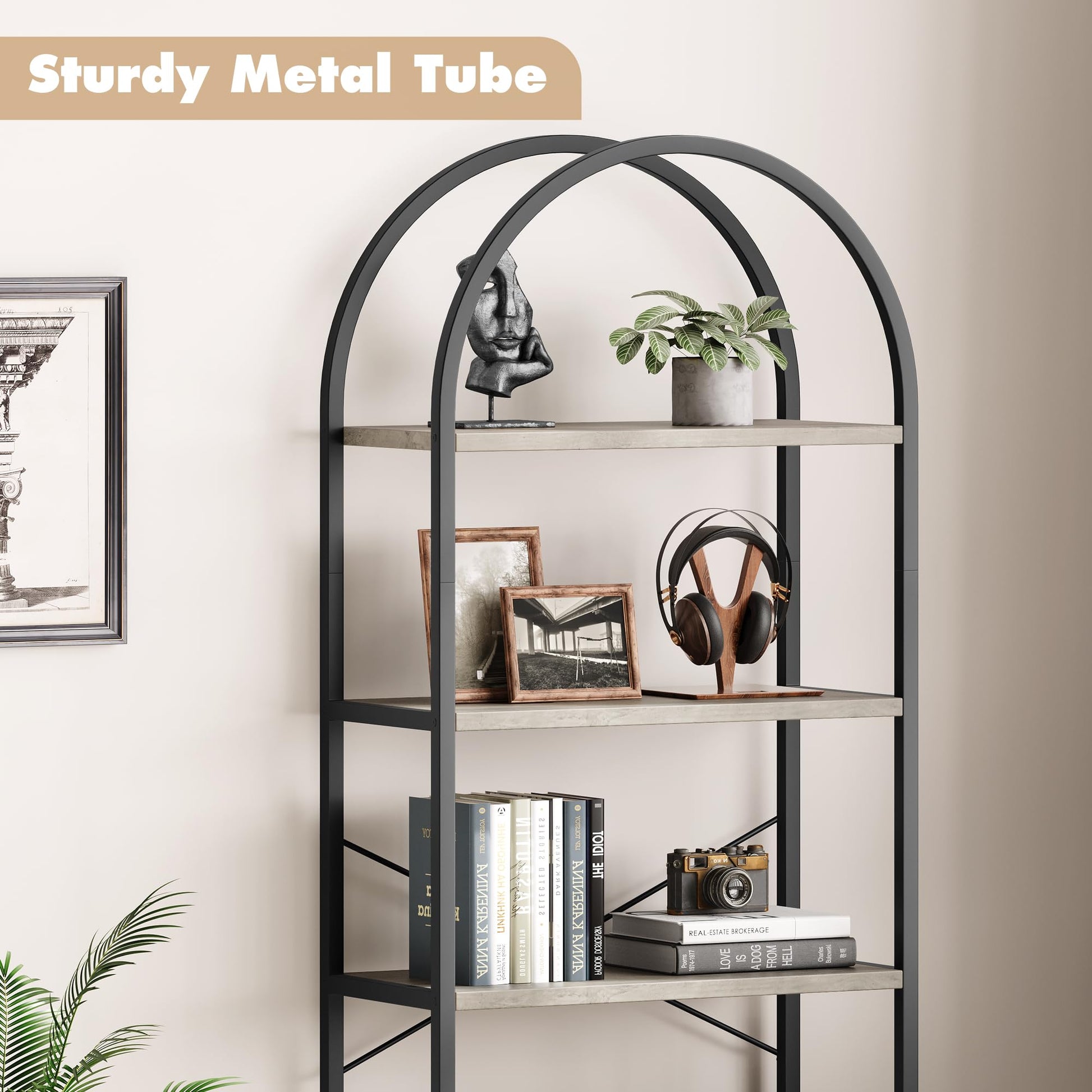 Garvee Bibliothèque arquée à 5 niveaux, 180cm, étagère industrielle en métal gris pour salon, bureau ou chambre