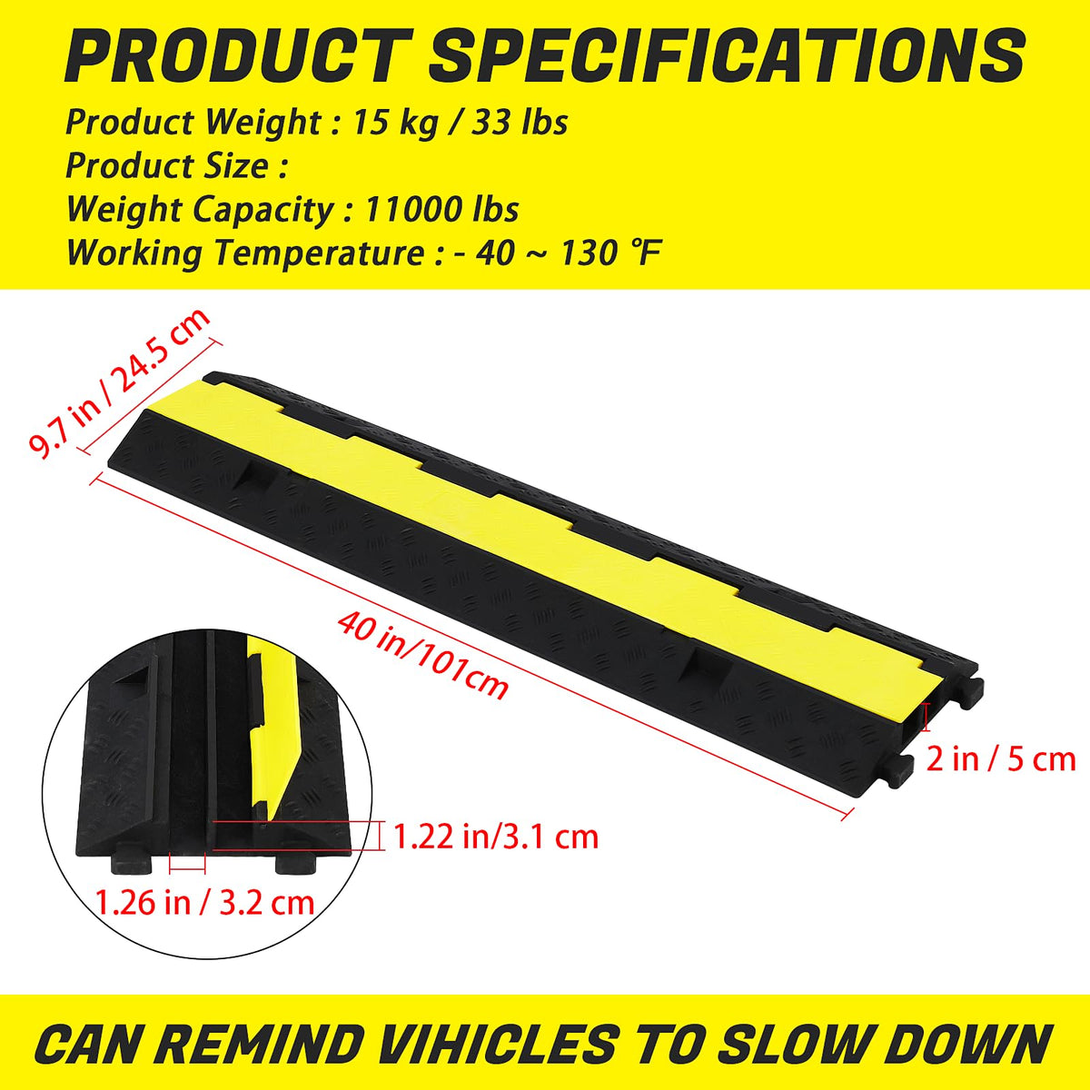 Ensemble de 3 pièces Garvee : rampe de protection de câbles à 2 canaux, capacité de charge de 11 000 lb, caoutchouc et PVC antidérapants pour parkings et chantiers de construction